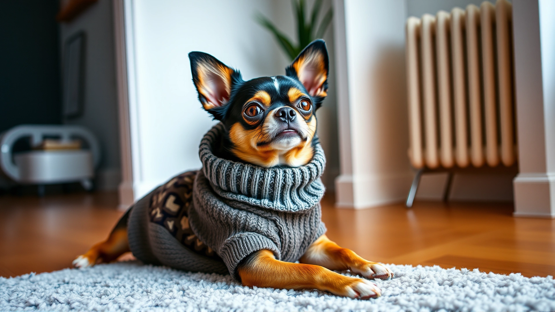 Chihuahua wearing a stylish winter sweater lying in a modern apartment interior near a radiator, emphasizing indoor living needs