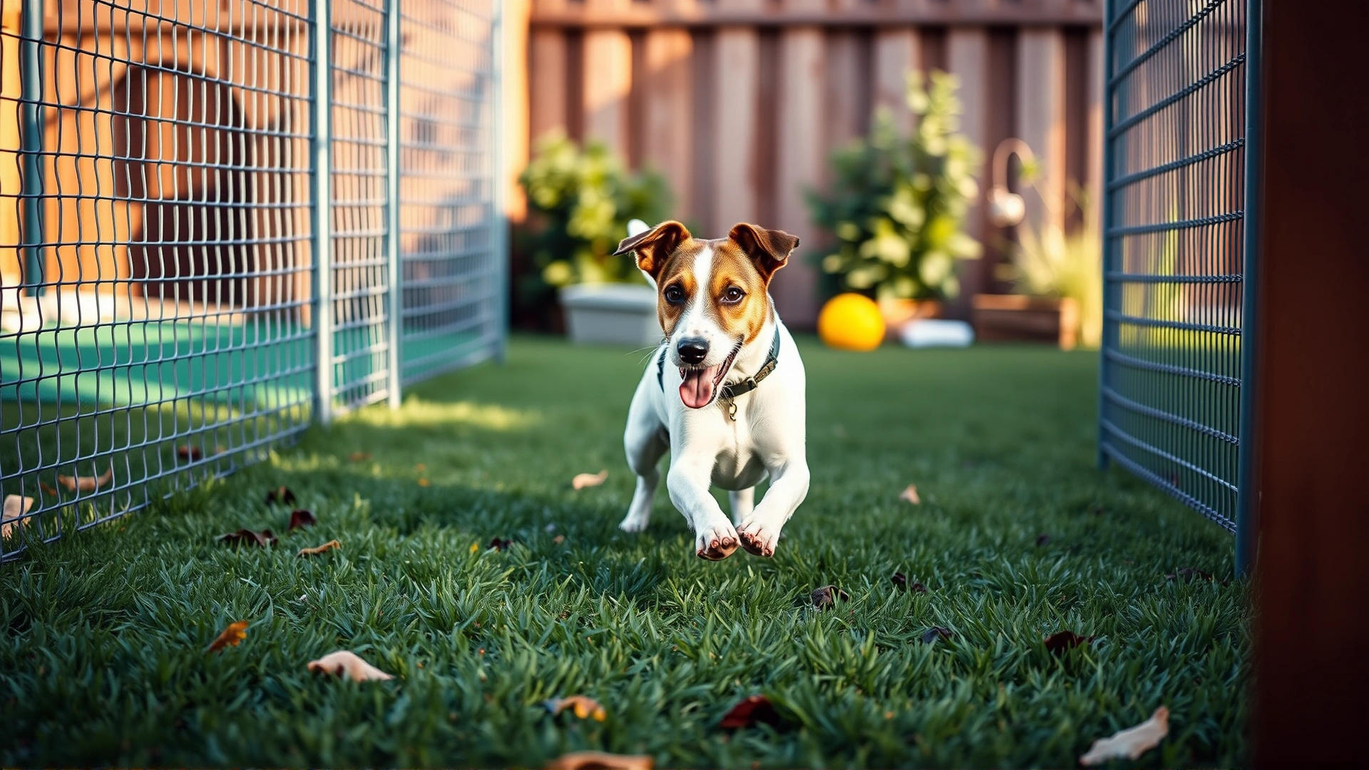 A Russell Terrier playing in a secure, fenced backyard environment suitable for active dogs