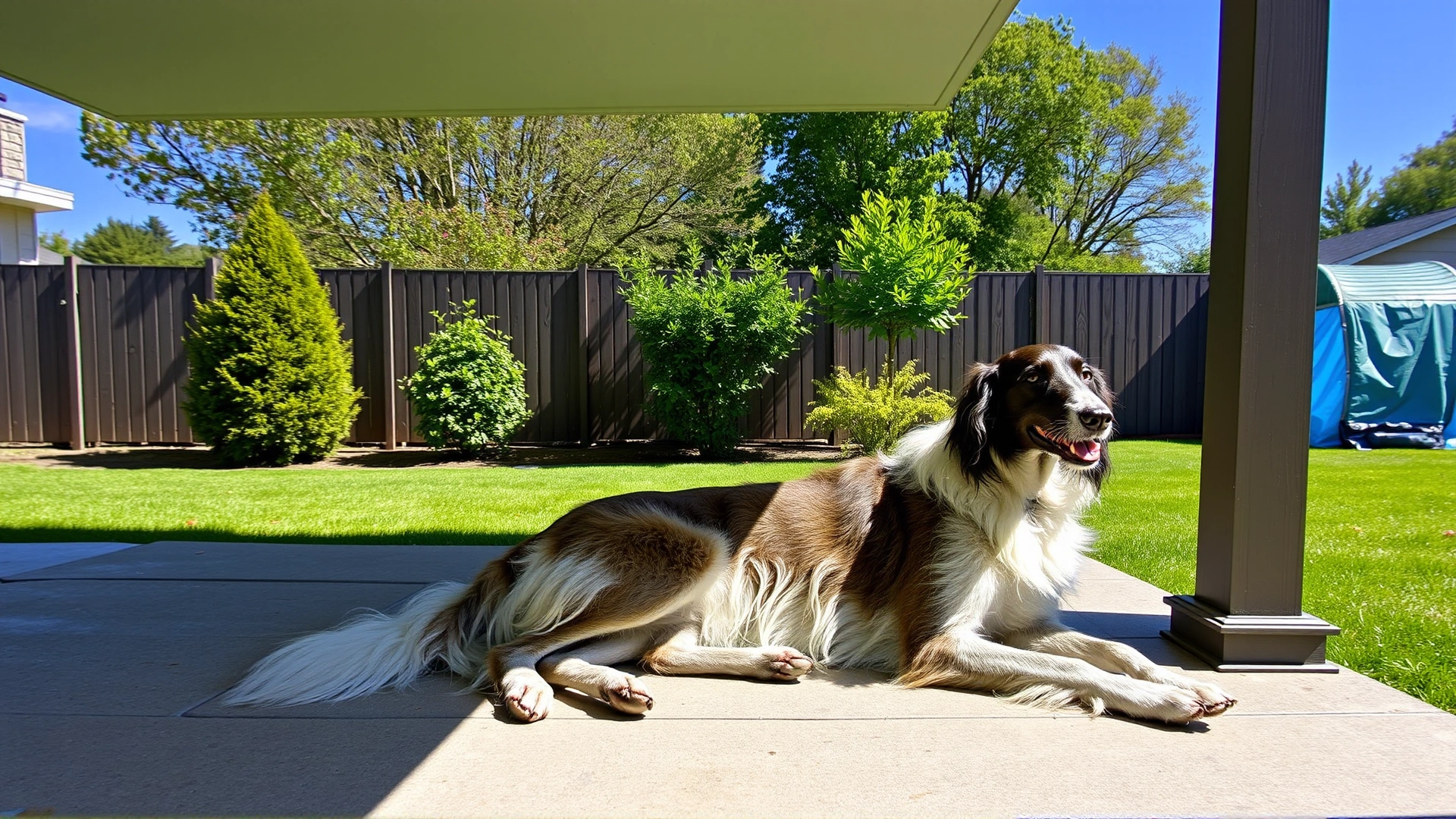 Borzoi lounging on a shaded porch next to a large fenced backyard on a sunny day.