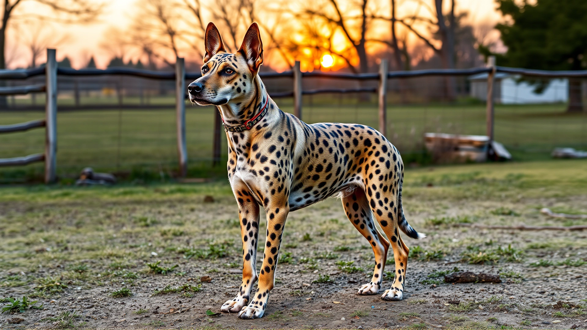 Catahoula Leopard Dog standing alert in a large, fenced rural backyard at sunset, showcasing ideal living environment.