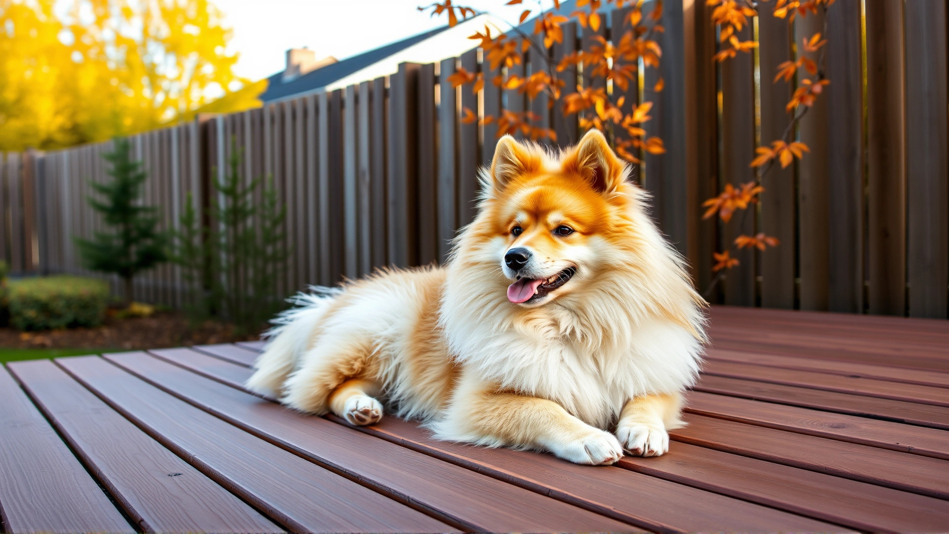 Finnish Spitz lounging on a wooden deck in a suburban backyard with tall fence, early autumn foliage