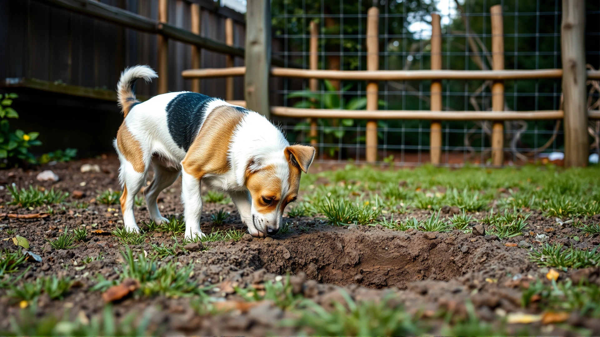 Photo of a Glen of Imaal Terrier exploring a securely fenced backyard, sniffing near a freshly dug hole, to illustrate the breed’s digging instinct