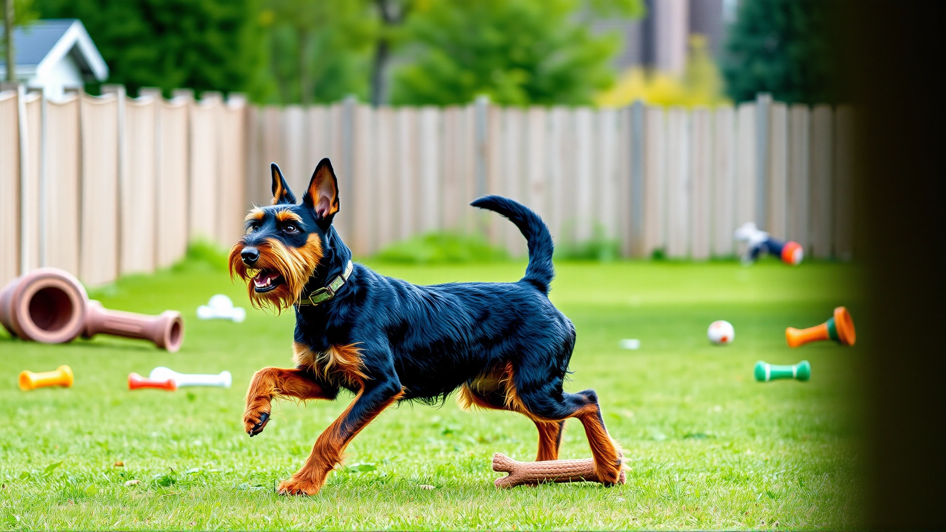A Jagdterrier running across a large fenced yard with various dog toys scattered, illustrating its need for space and exercise.