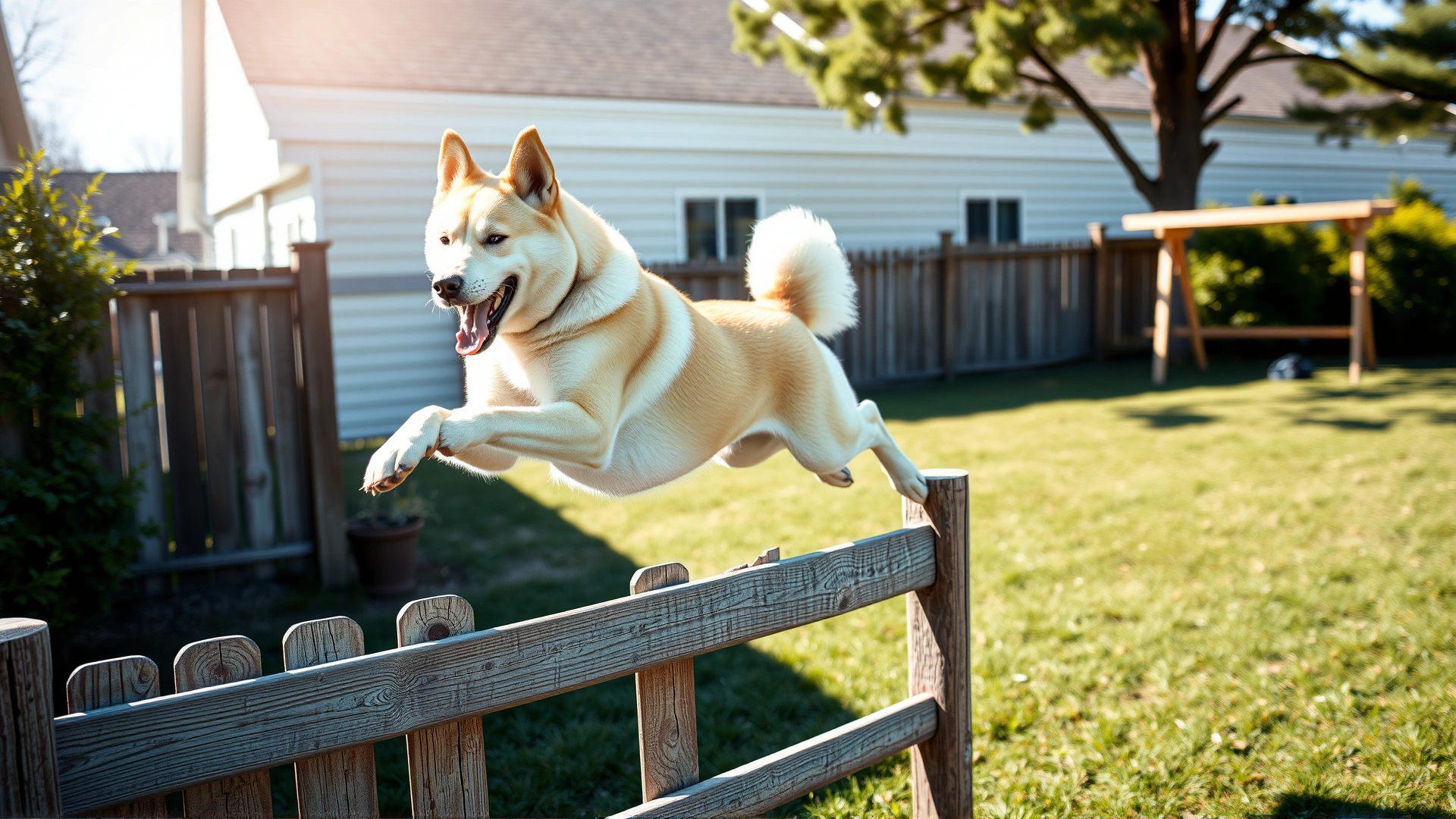 A Korean Jindo dog leaping over a wooden fence in a spacious, well-fenced backyard on a sunny day, illustrating its athleticism and climbing ability.