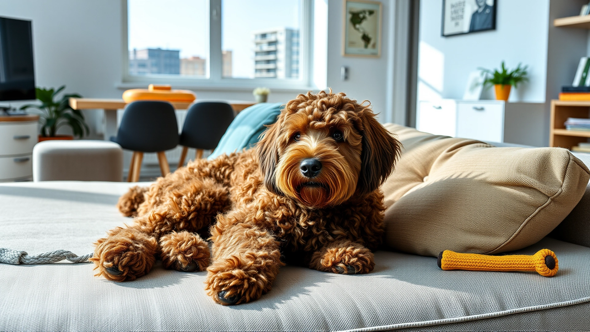 A content Labradoodle lounging on a sofa in a modern apartment with plenty of dog toys around, bright natural light.