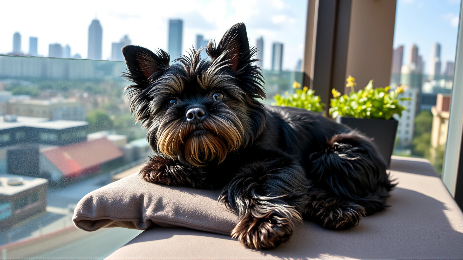 A relaxed Affenpinscher lounging comfortably on an apartment balcony with city skyline in the background, demonstrating suitability for urban living.