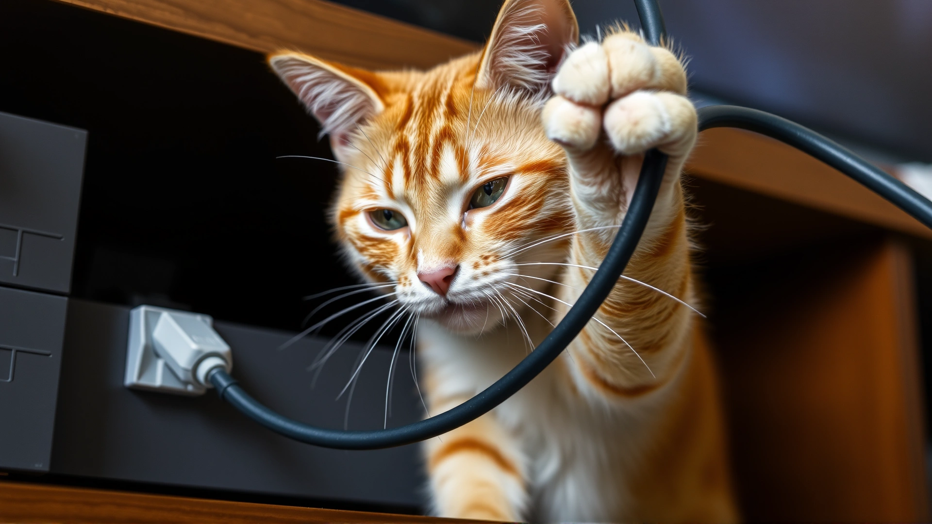 Close-up of a ginger cat pawing at an exposed electrical cable behind a TV stand.