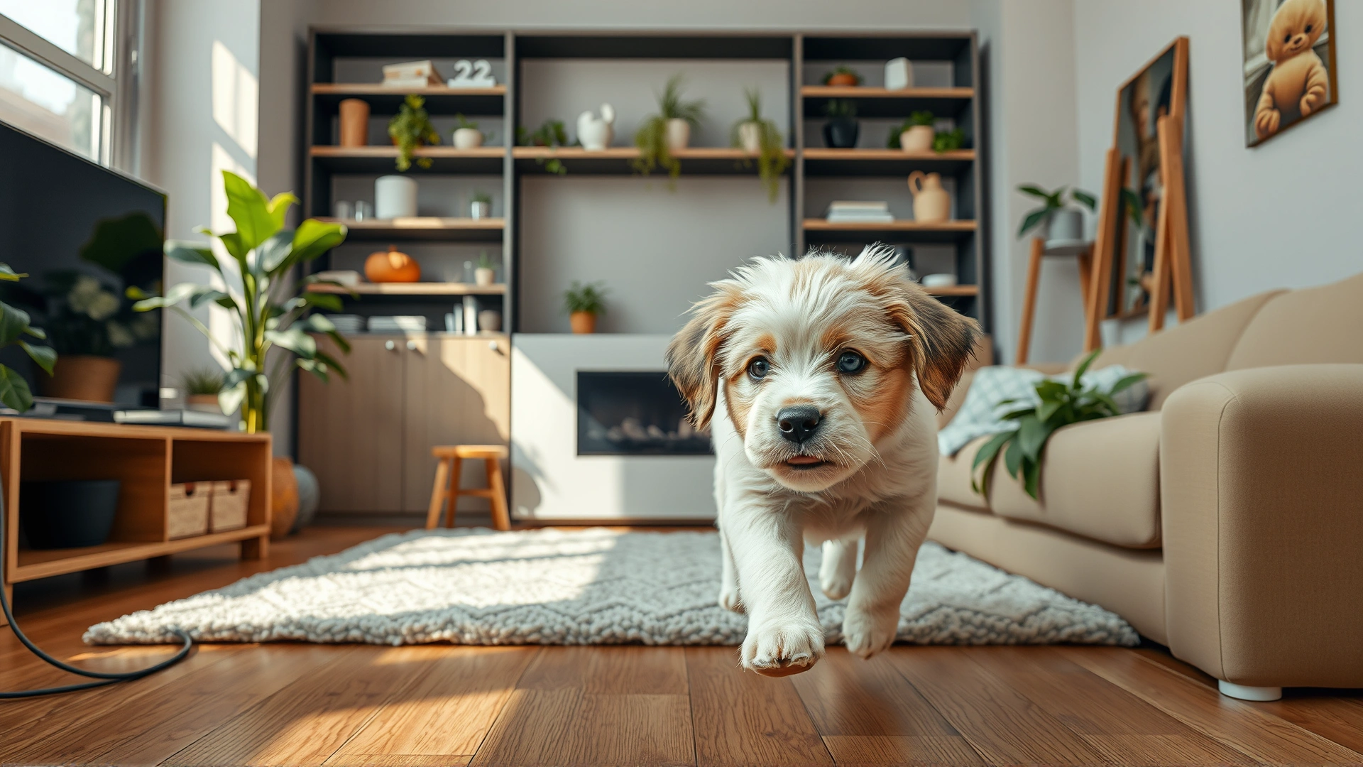 Puppy exploring an organized living room where electrical cords are hidden and houseplants are placed on high shelves
