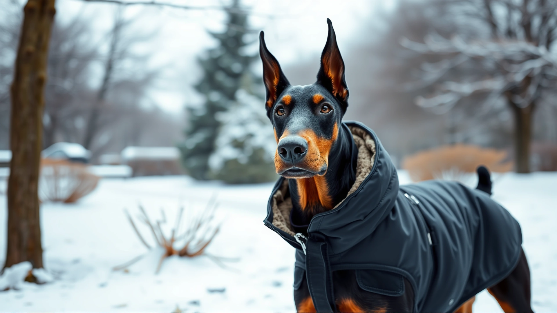 Doberman Pinscher wearing a warm winter coat while walking through a snowy park, illustrating its sensitivity to cold weather.