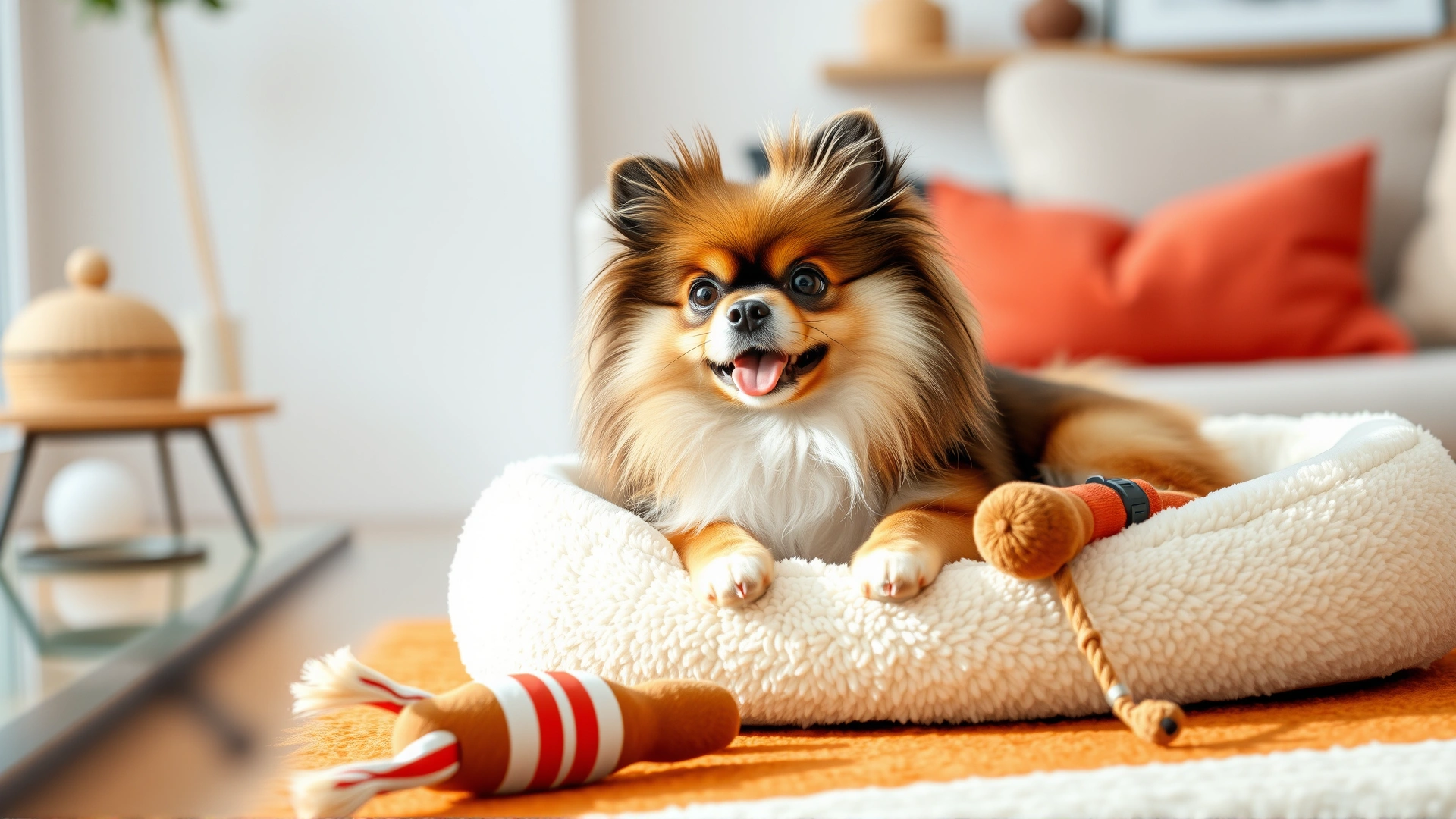 Bright living room scene showing a Pomeranian lying comfortably in a plush dog bed next to a toy, demonstrating an apartment-friendly environment.