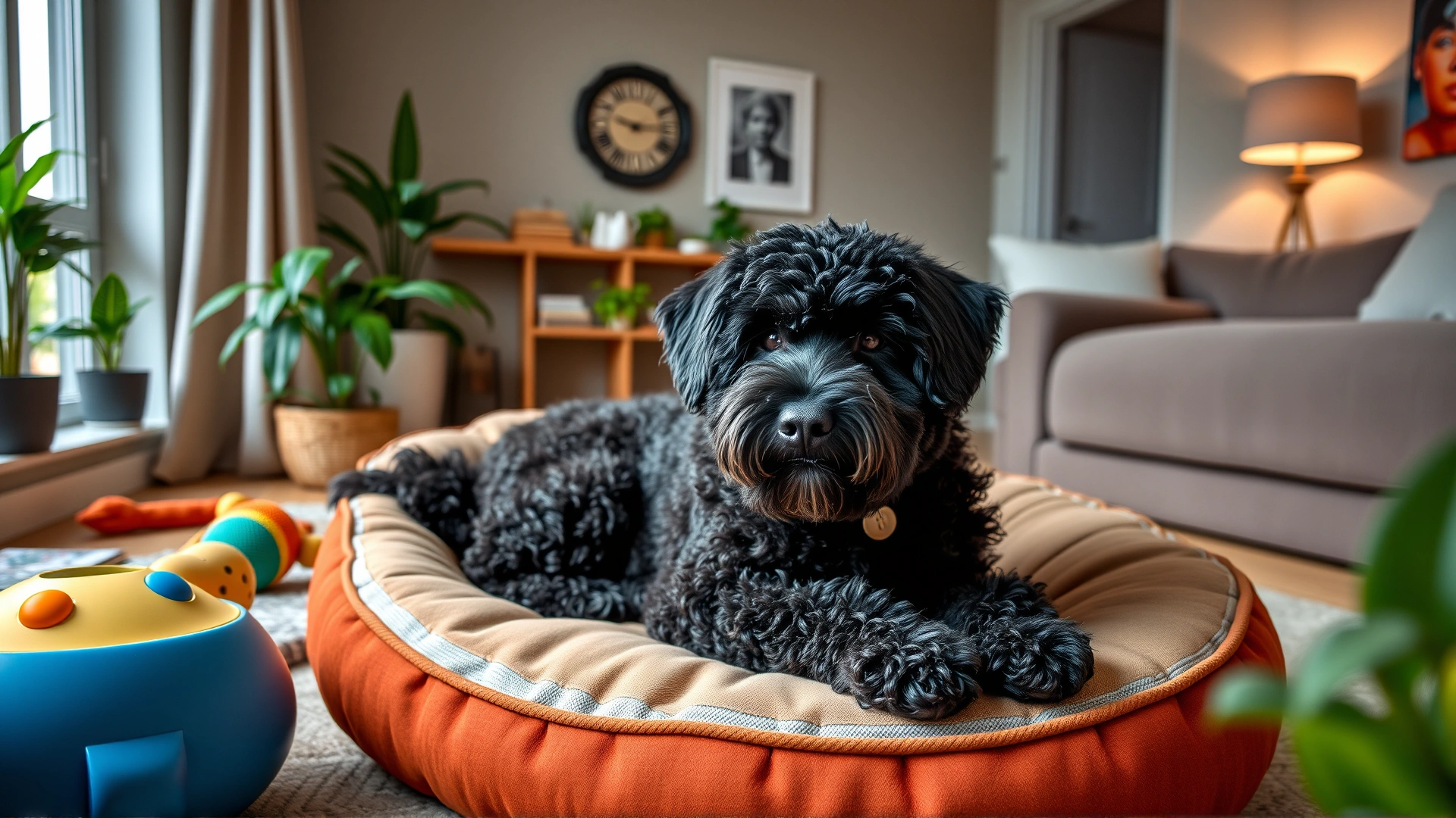 Portuguese Water Dog relaxing on a cozy dog bed in a modern apartment living room with toys and indoor plants