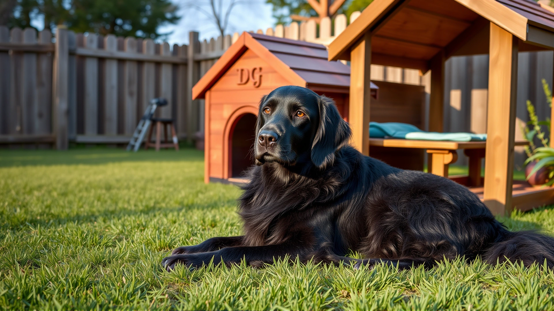 Flat-Coated Retriever relaxing on a grassy, fenced backyard next to a doghouse, illustrating ideal living space