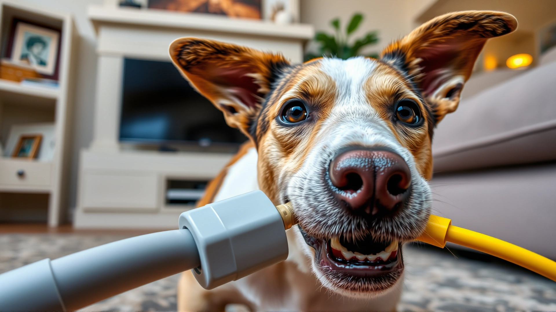 Dog chewing an electrical cable in a cozy living room setting, emphasizing hazard.