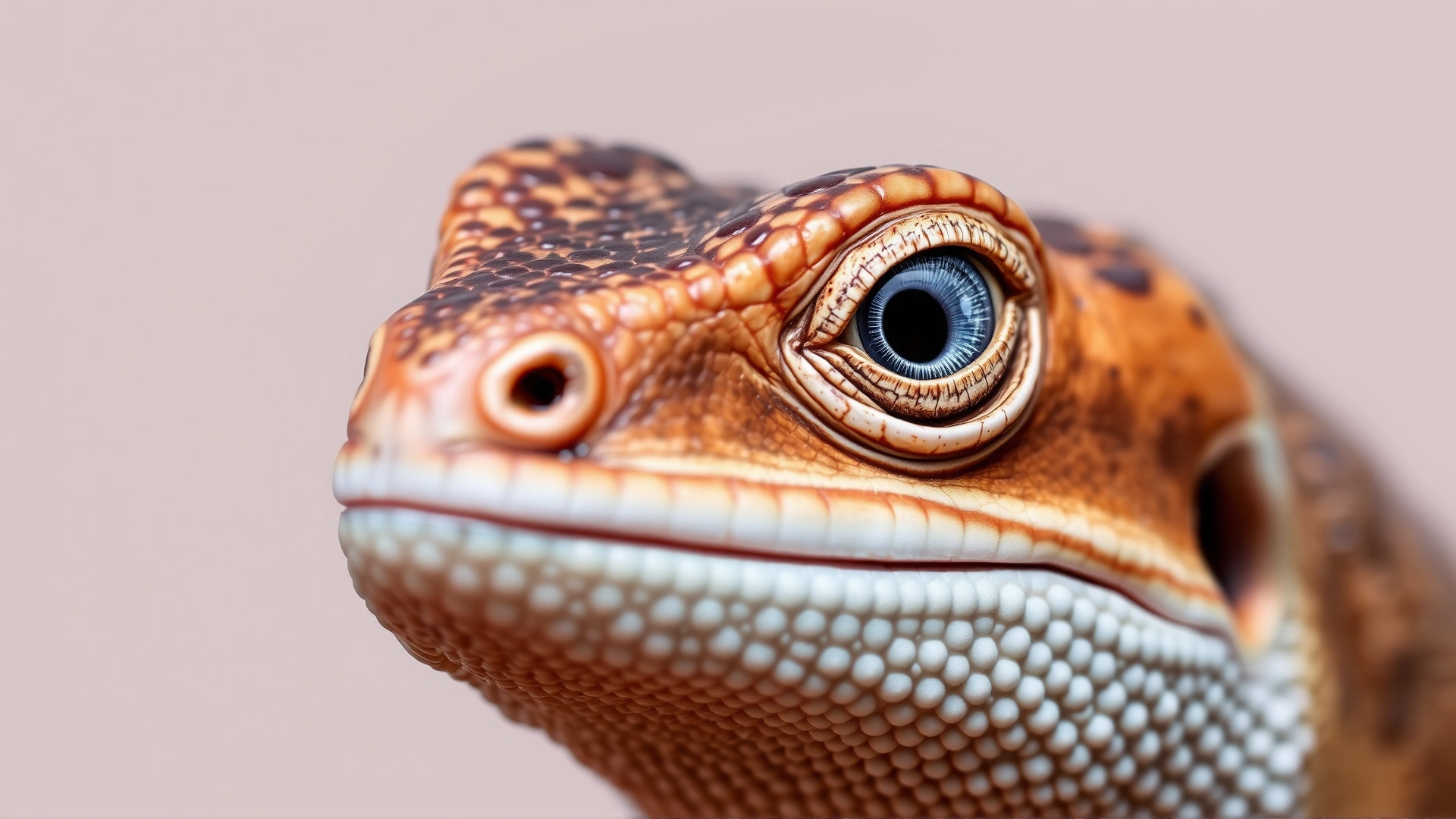 Macro shot of a healthy lizard’s face with clear, bright eyes and detailed scales, neutral background to highlight facial features.