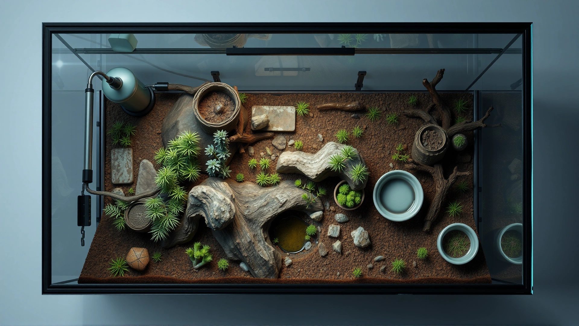 Top-down view of a spacious glass terrarium layout with heating lamp, hiding cave, climbing branches and water bowl, no text