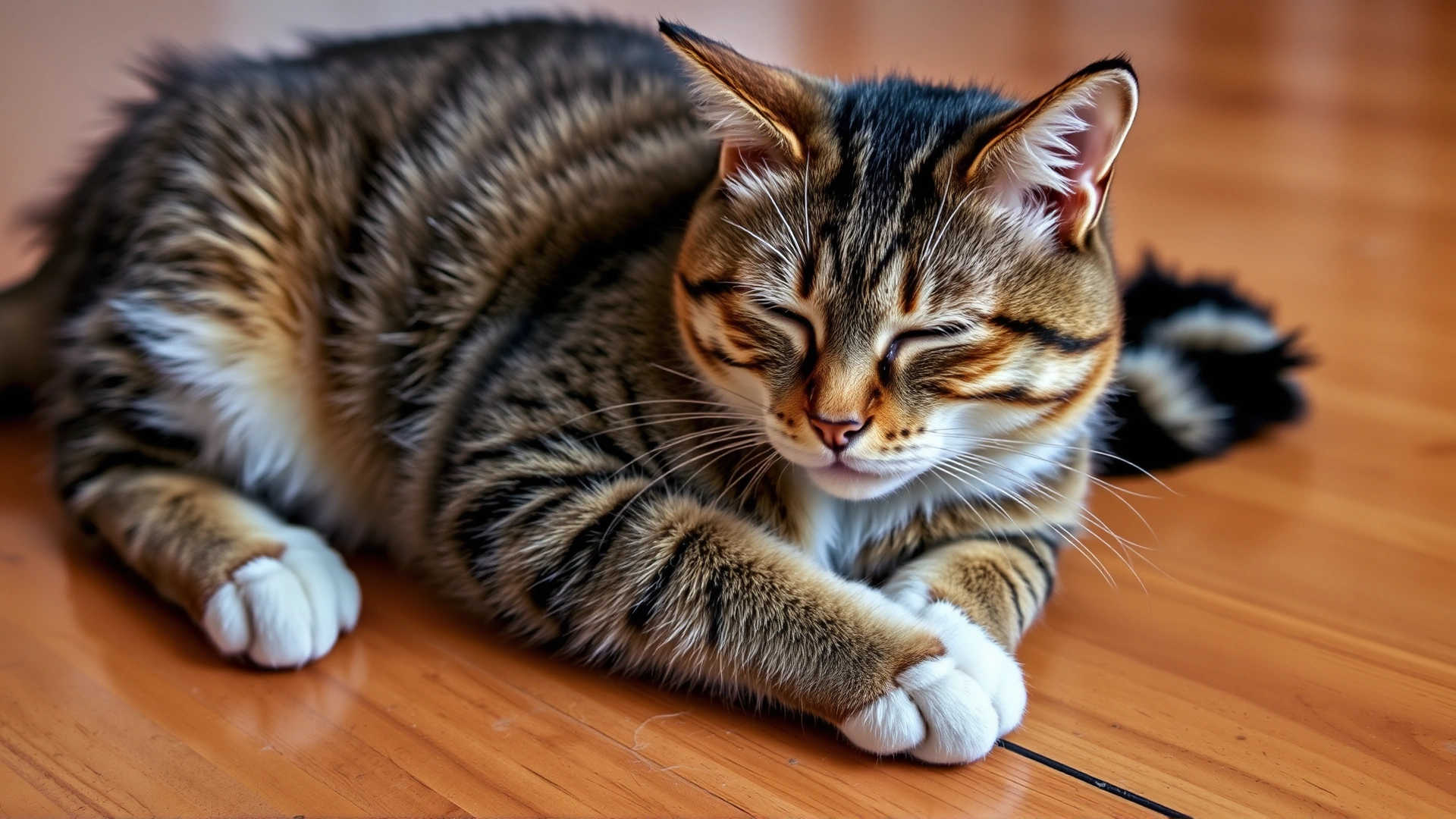Cat in loaf position on a wooden floor, paws tucked under, eyes half-closed.
