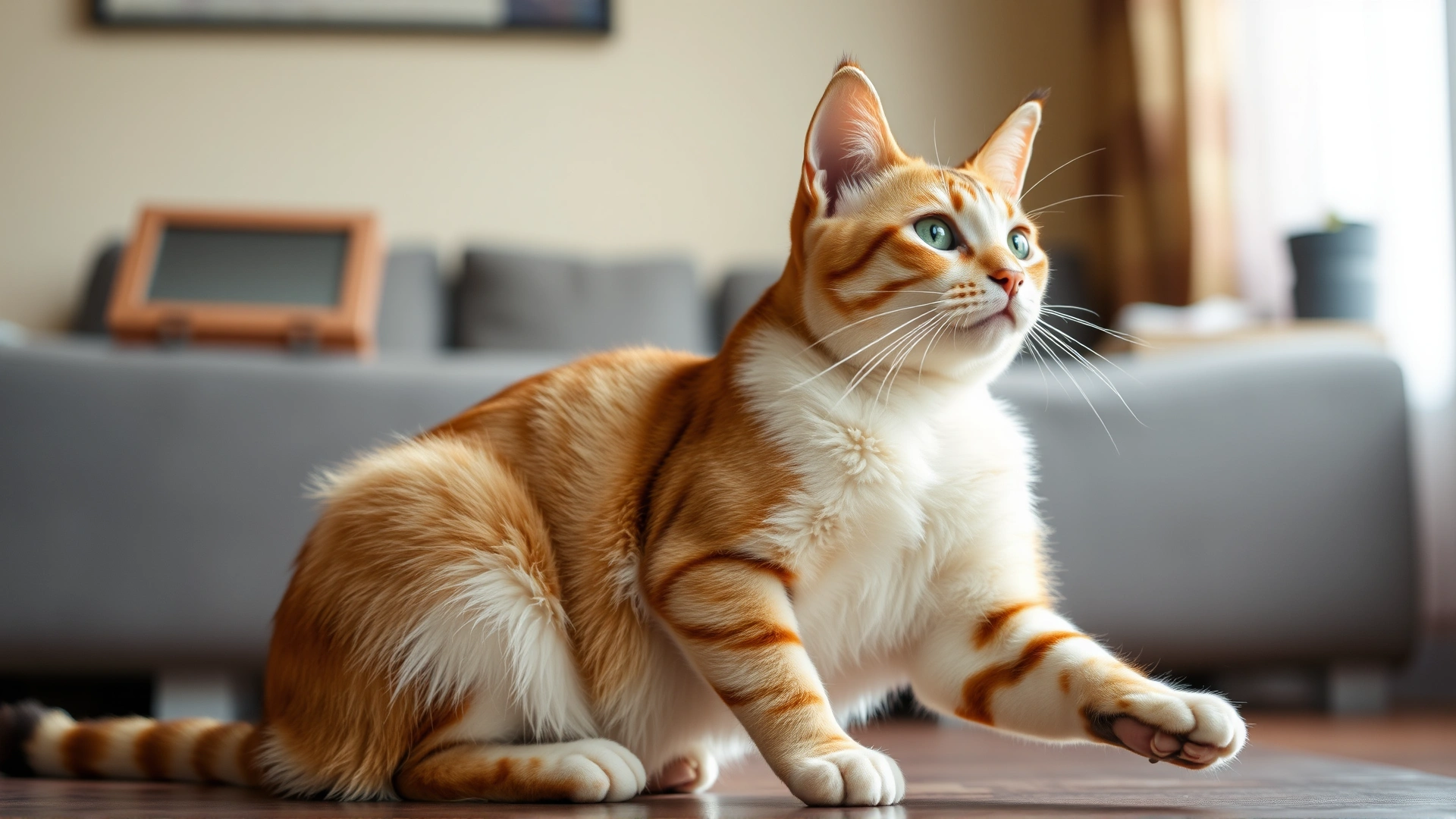 Cat sitting with one front leg stiffly extended and ears slightly back, illustrating localized muscle rigidity, indoor setting