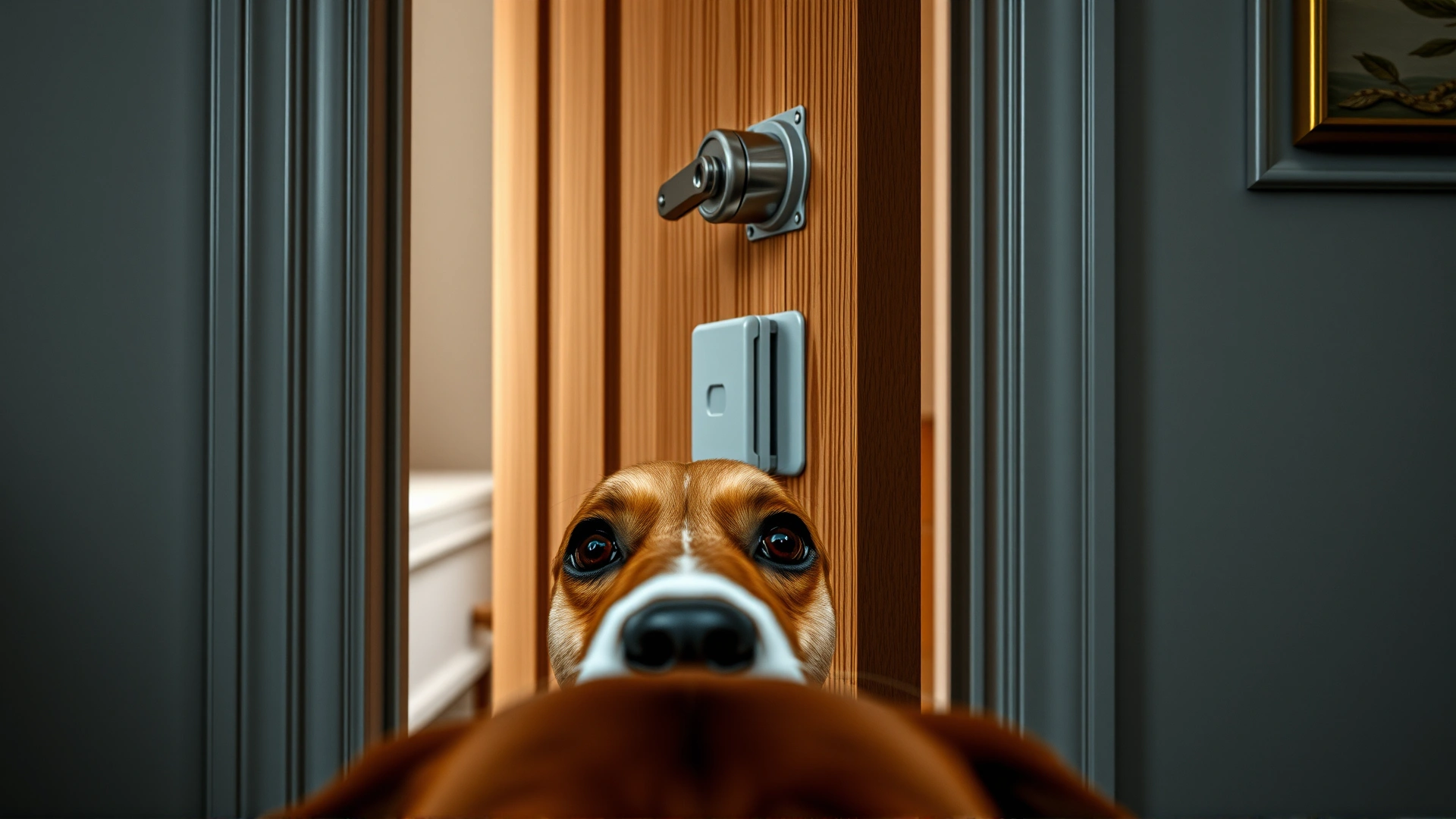 Interior door fitted with a child safety latch, photographed at dog eye level to emphasize security.