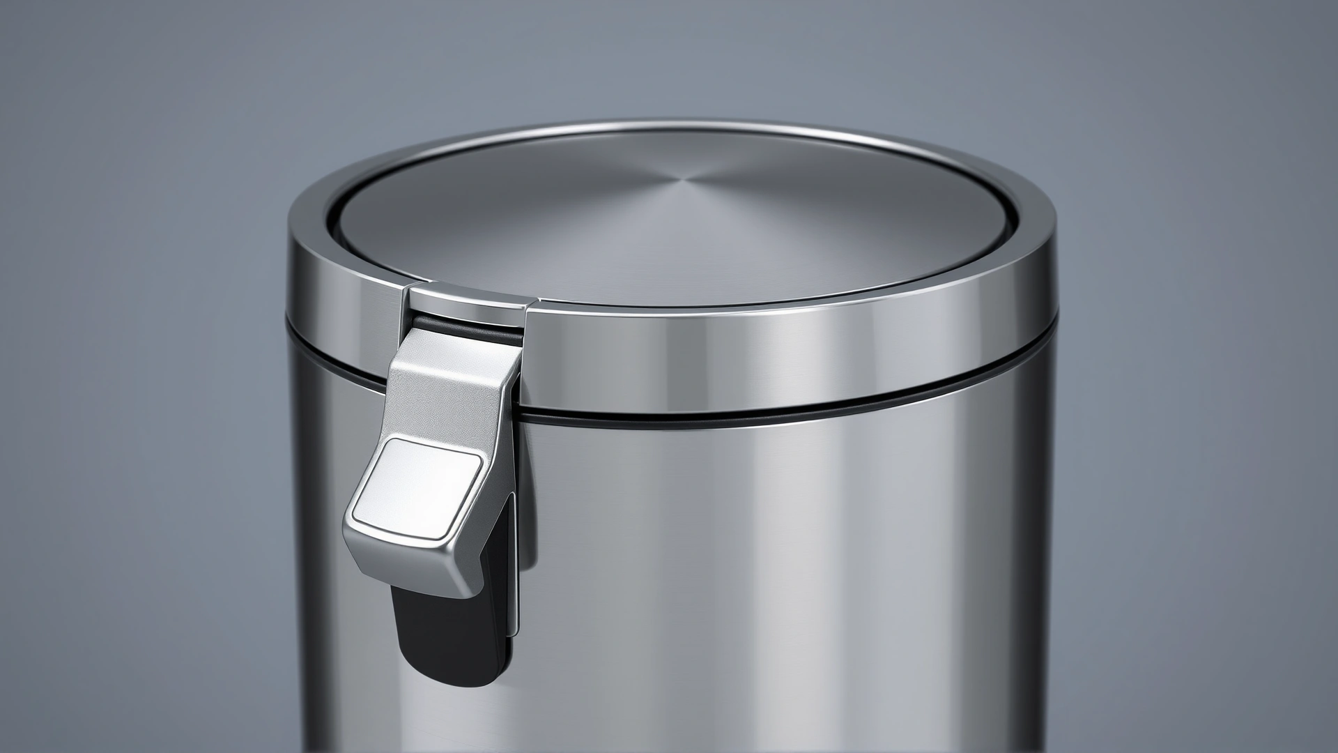 Sleek stainless-steel trash can with a secure locking lid and foot pedal, photographed from a slight angle to showcase the lock.