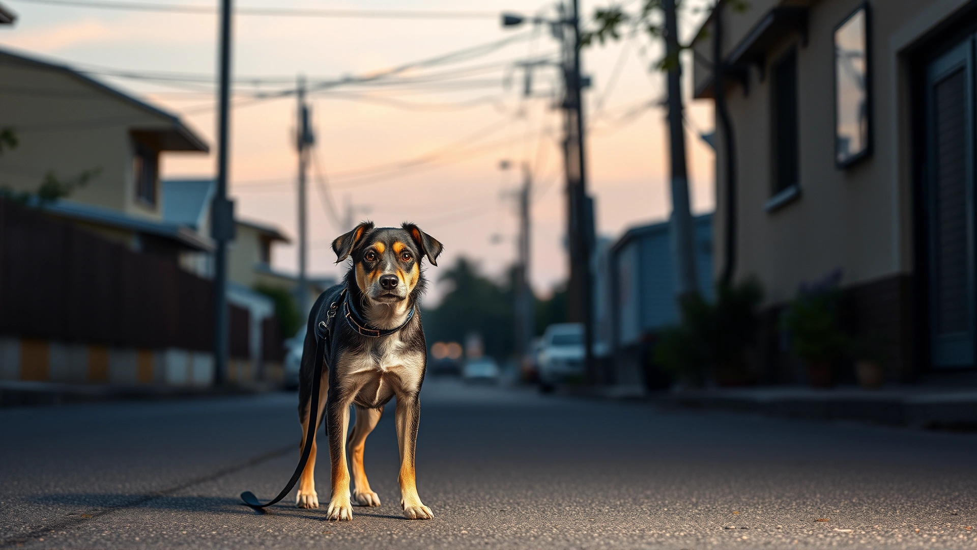 Leashed stray-looking dog standing alone on a quiet street, alert but not aggressive, evening light