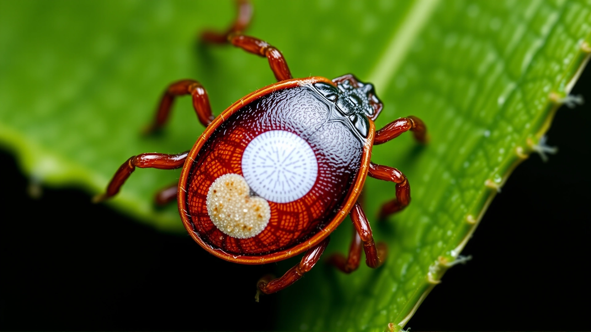 Extreme close-up of an adult female Lone Star tick on a green leaf, highlighting the white dot on its back, high resolution macro shot