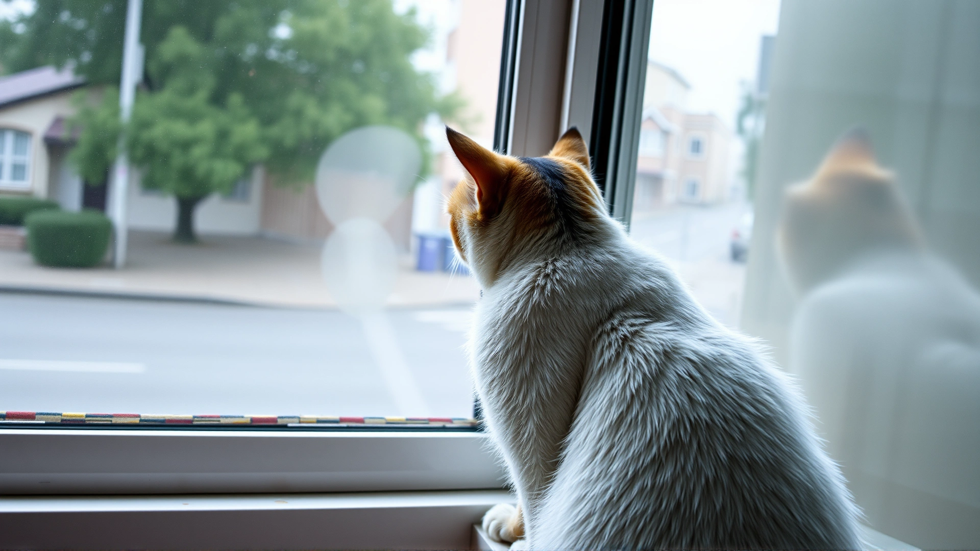 A domestic cat perched on a windowsill with overcast daylight, gazing outside at an empty street, emphasizing solitude.