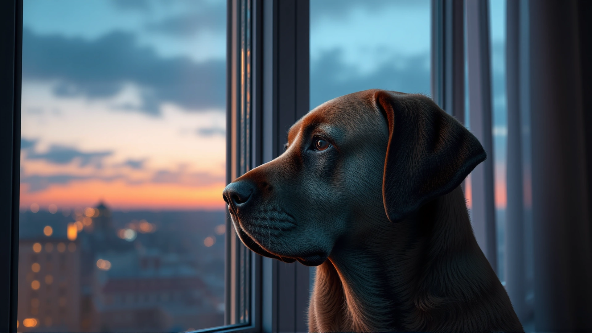 Sad Labrador looking out of a large apartment window at dusk, soft indoor lighting, no text