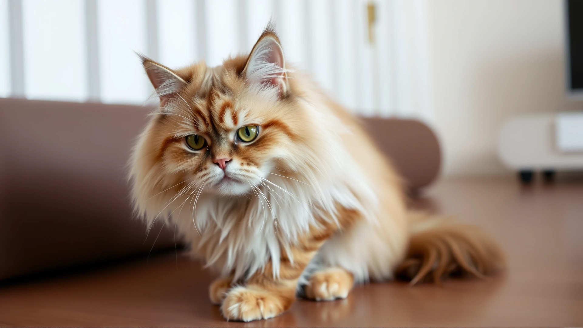 A long-haired Persian cat showing visible mats under its belly and behind its ears, looking slightly uncomfortable, indoors