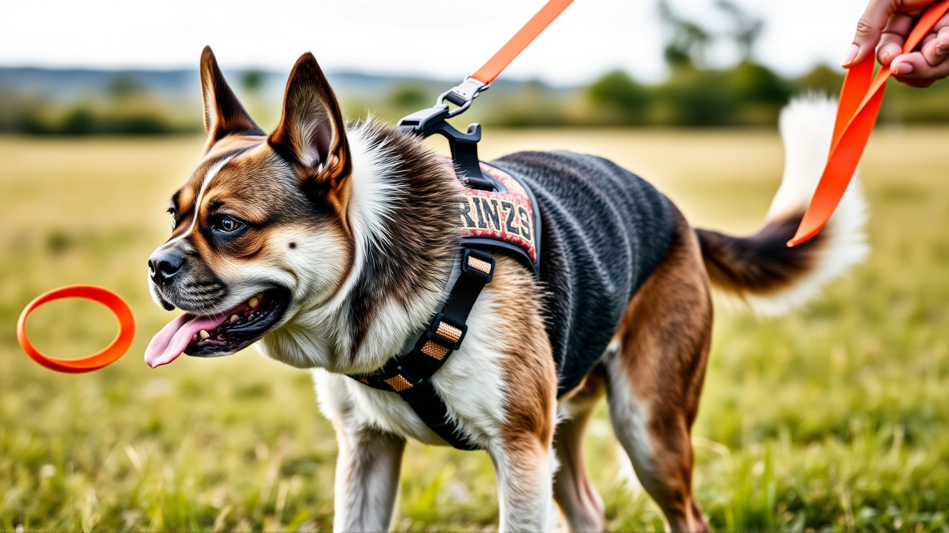 Dog wearing a padded harness attached to a bright orange 5-meter leash, owner holding the end loosely while walking in a grassy field
