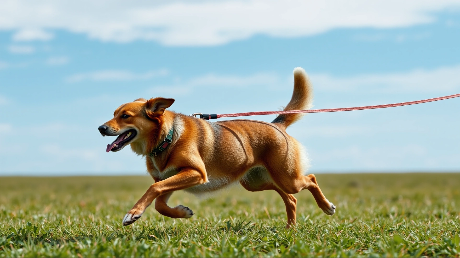 Energetic dog running on a long training leash in a safe open field