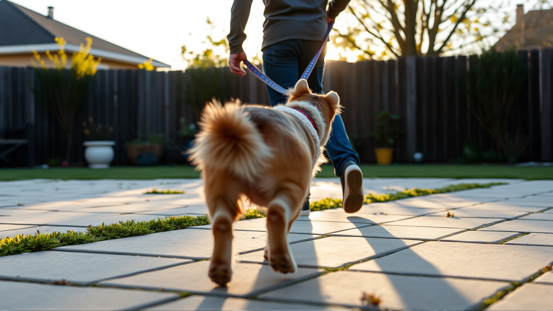 Owner holding a long training leash as their dog runs back toward them in a backyard, late afternoon sunlight