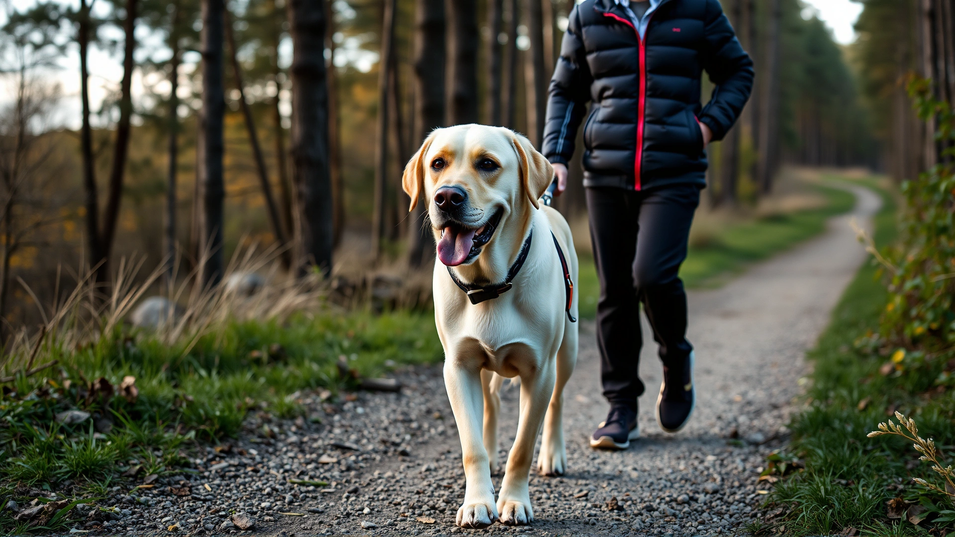Senior Labrador walking calmly with its owner along a scenic forest path, looking healthy and content to represent increased lifespan