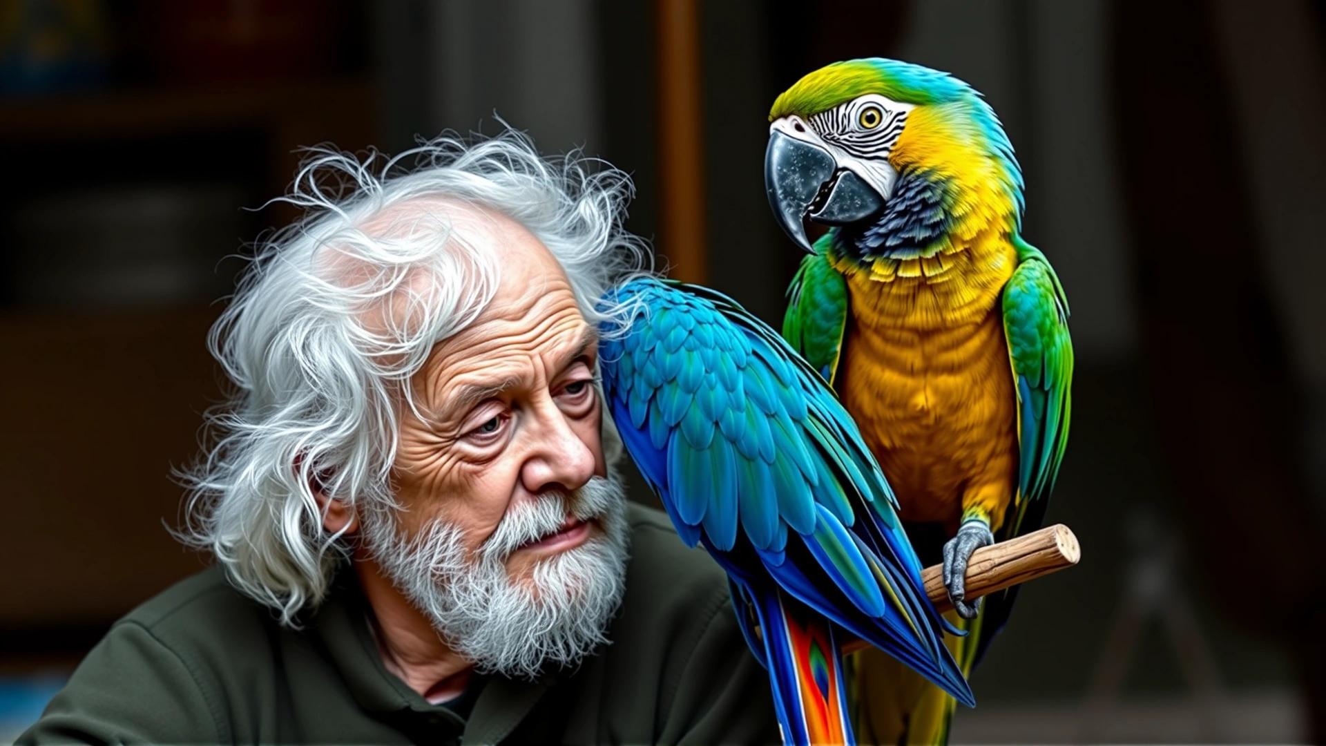 Elderly person sitting beside a majestic macaw on a perch, showing the long-term commitment of bird ownership.