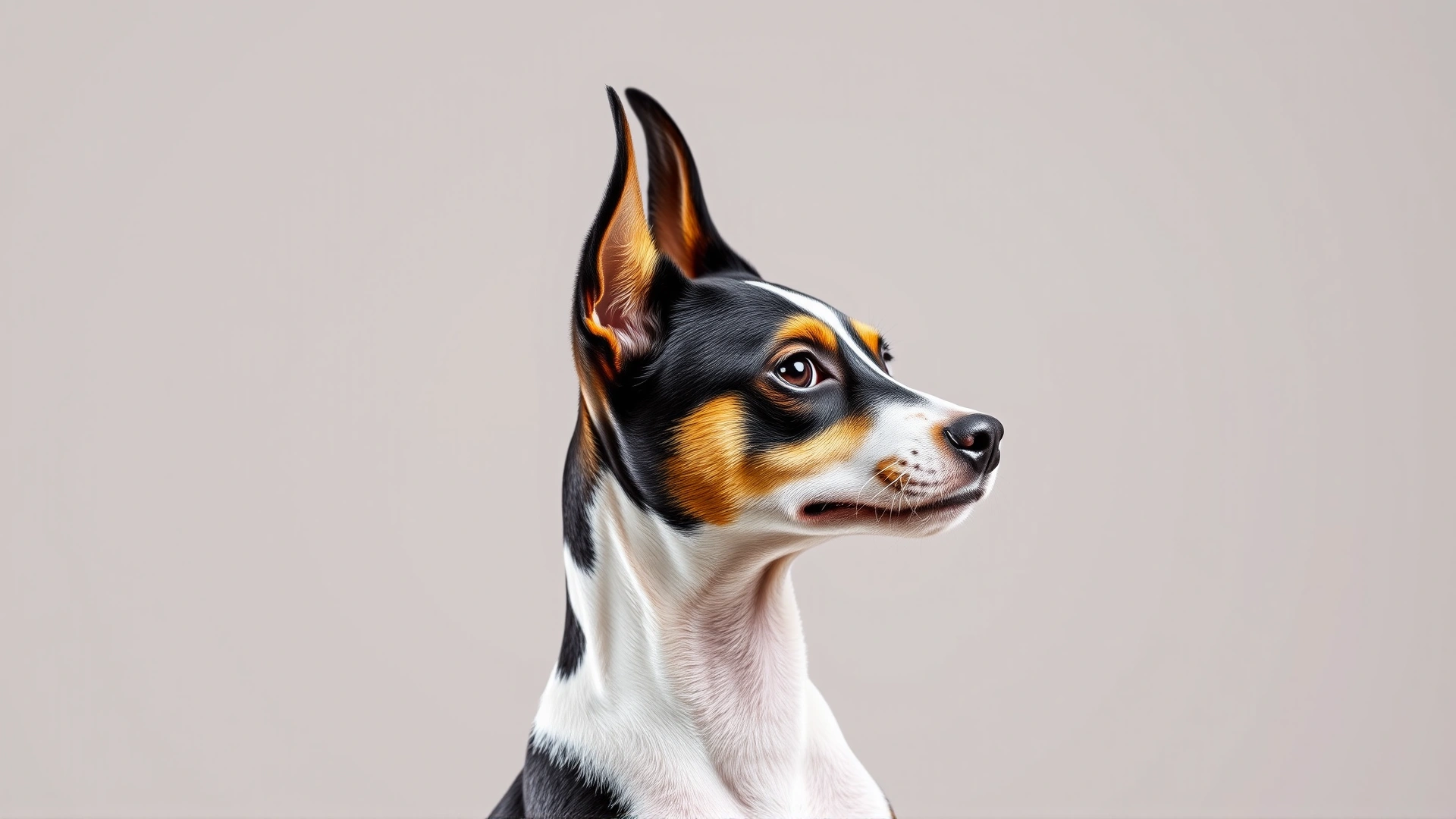 Studio portrait of a Toy Fox Terrier in profile against a neutral background highlighting its tri-color coat and erect ears, no text