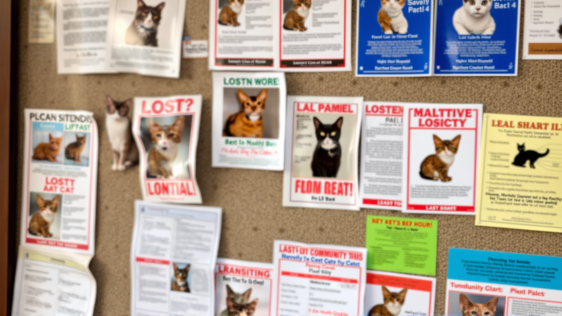 A bulletin board covered with colorful lost cat posters and flyers, slightly blurred to avoid readable text, highlighting community search efforts.