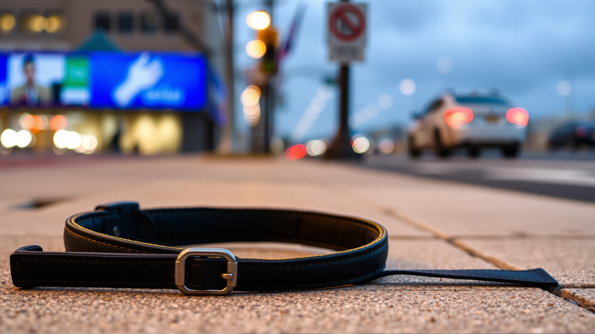 Empty collar lying on a sidewalk with blurry city background, symbolic shot