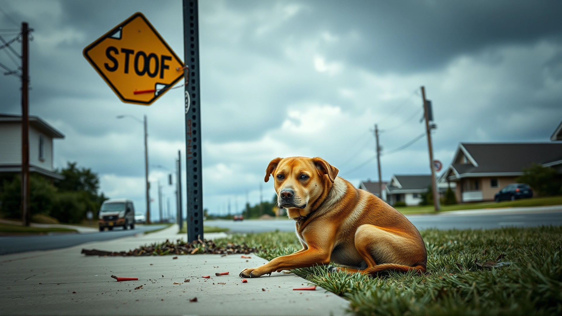 A tired but hopeful stray dog sitting on a curb beside a damaged street sign, with debris from a recent storm around, captured during cloudy daylight.