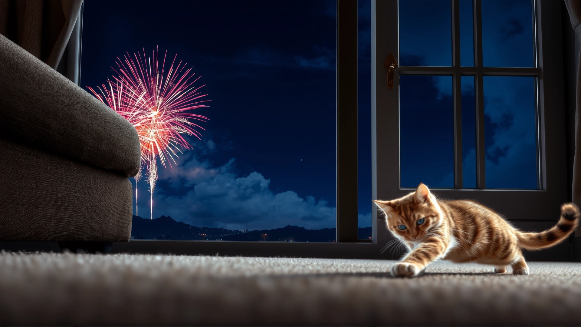Domestic cat darting under a sofa while fireworks illuminate a night sky visible through a window