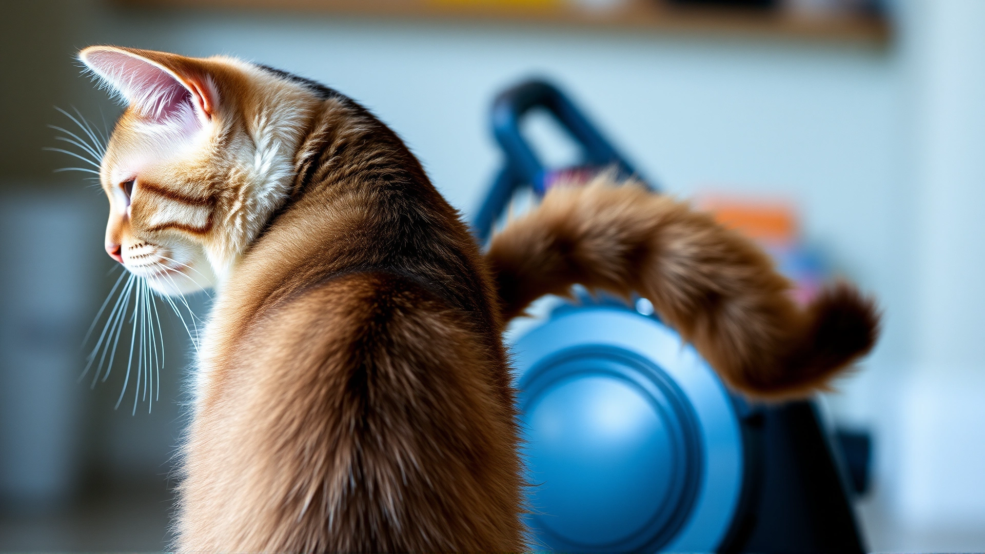 Short-hair cat with arched back and fluffed tail while a vacuum cleaner operates in the blurred background.