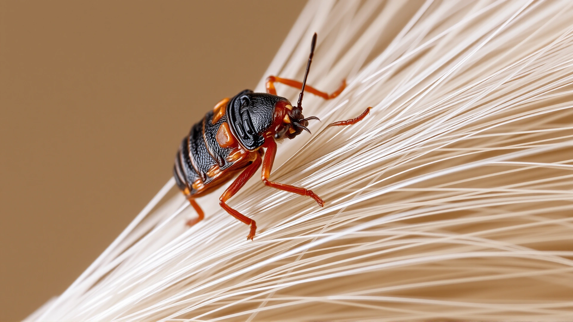 Macro photograph of a dog louse clinging to hair strands, highly detailed