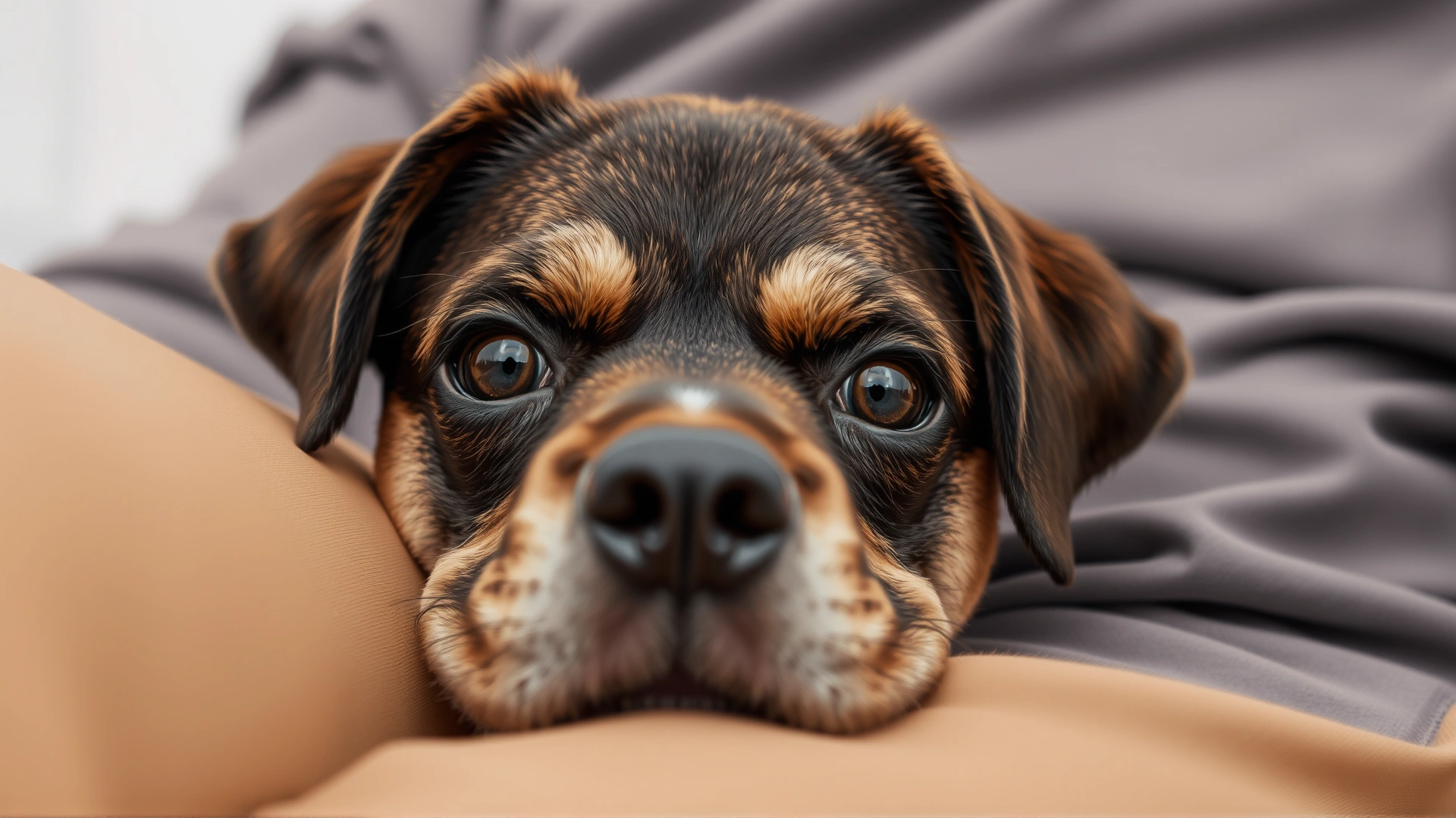 Close-up of a dog with soft eyes resting its head on the owner’s lap, illustrating an affectionate stare