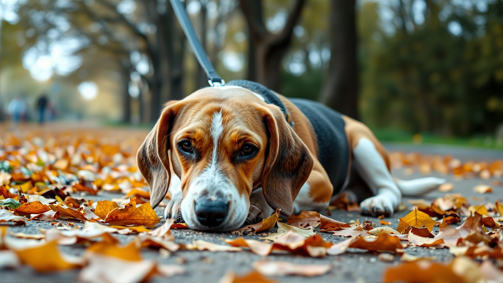 An older Beagle lying down mid-walk on a fallen-leaf park path, leash slack, conveying fatigue