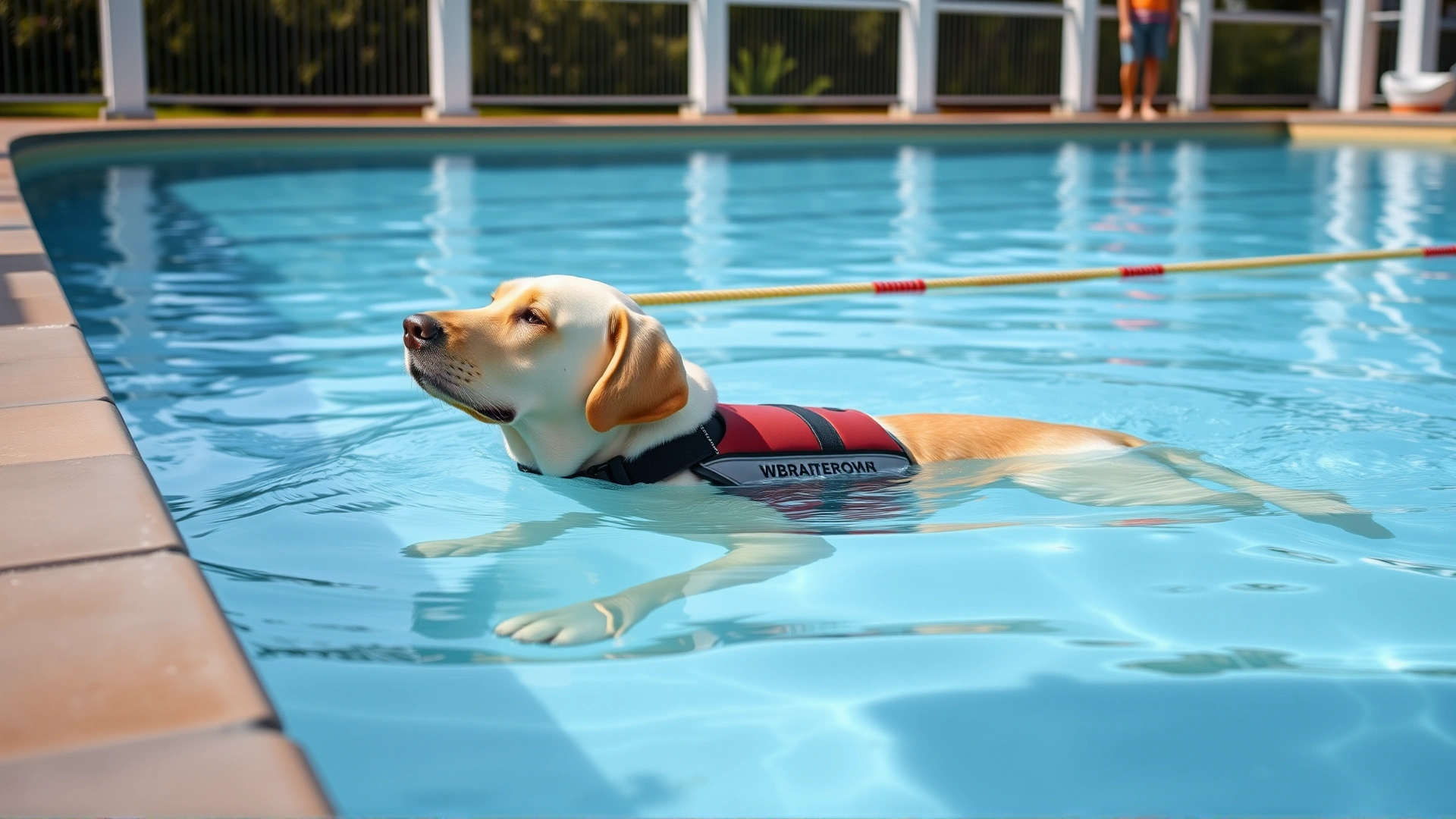 Senior Labrador Retriever swimming peacefully in a clear pool with a flotation vest, owner watching nearby