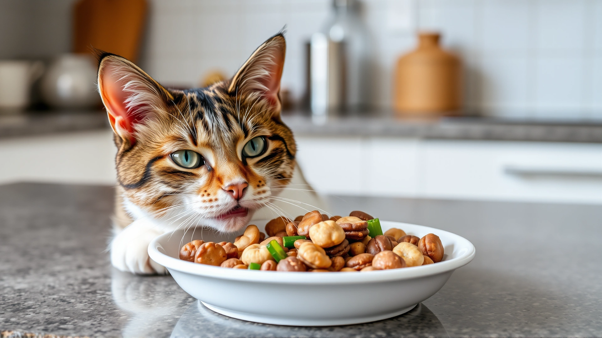 Bowl of balanced cat food made of low-purine ingredients like lean poultry and vegetables on a kitchen counter.