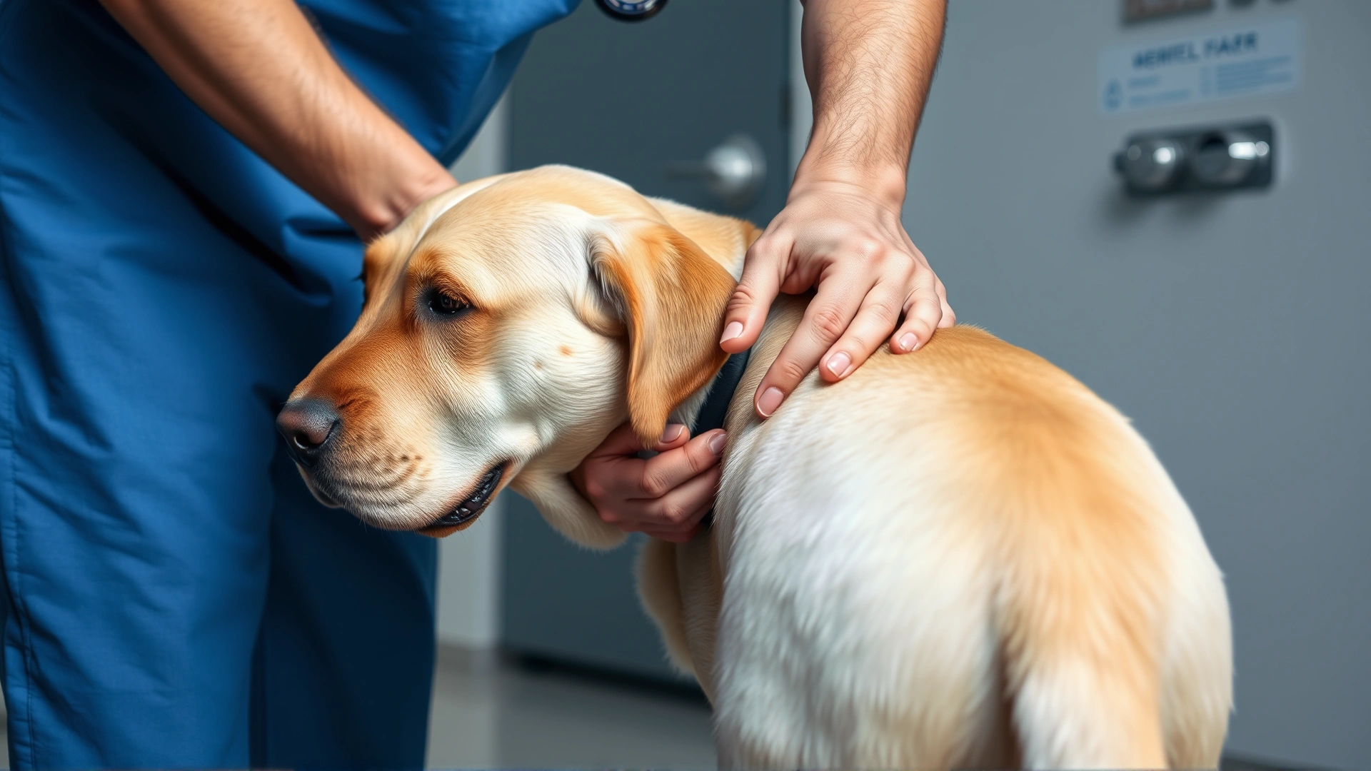 Labrador Retriever at the vet clinic, veterinarian palpating the dog's lower back.