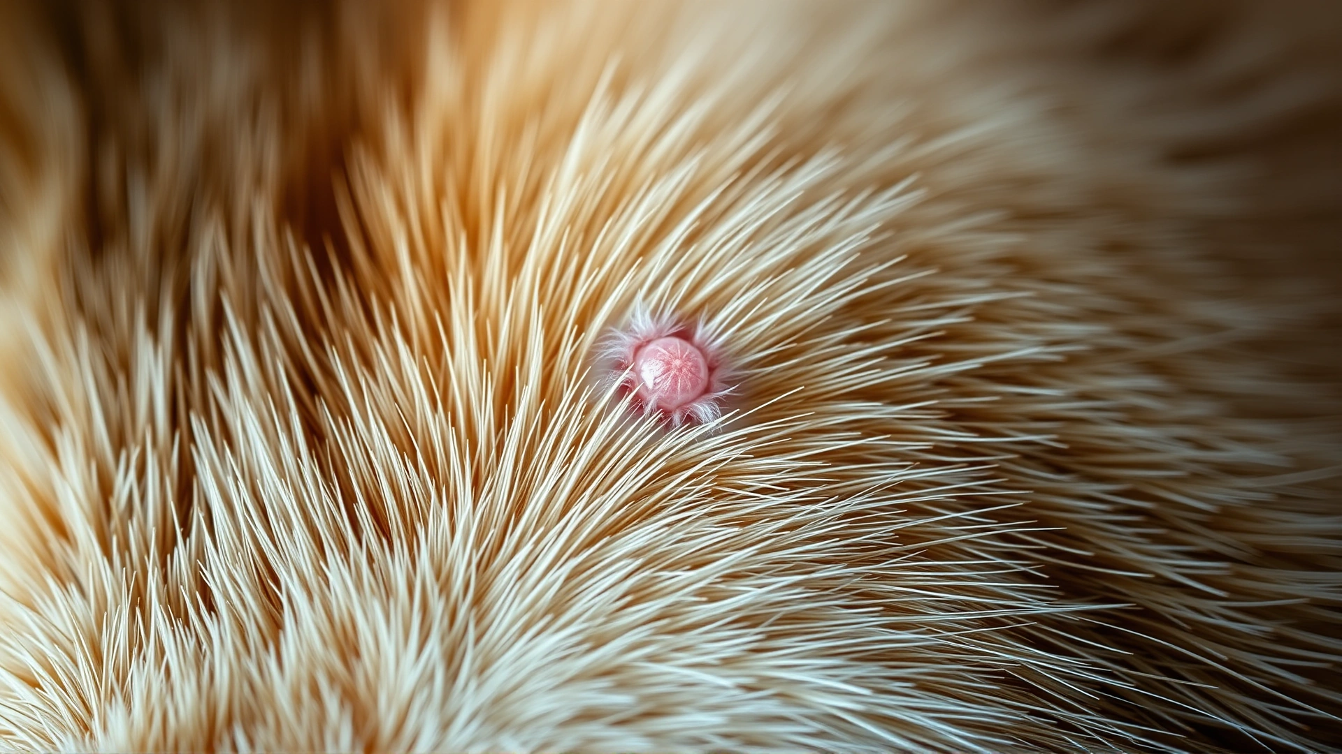 Macro shot of cat's skin revealing a small pinkish bump surrounded by healthy fur