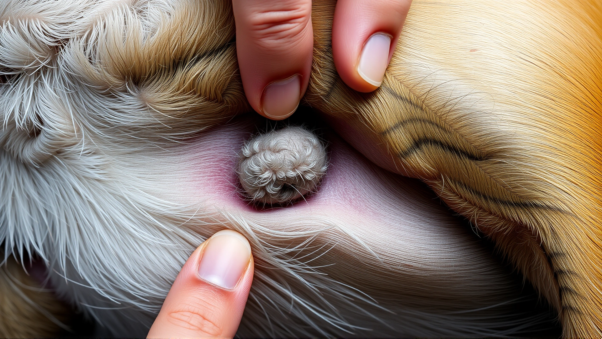 Macro shot of a dog's torso showing a small, hair-covered subcutaneous lump under the skin, with human fingers gently parting the fur for visibility. No text.