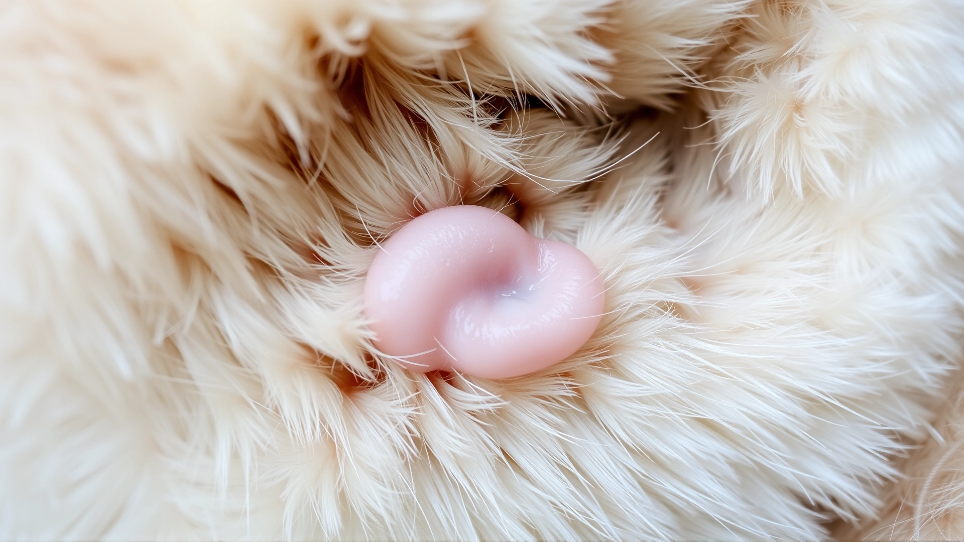 Macro shot of a light-colored cat’s abdomen where a small, slightly raised lump is visible under shaved fur; the area is gently highlighted for clarity.