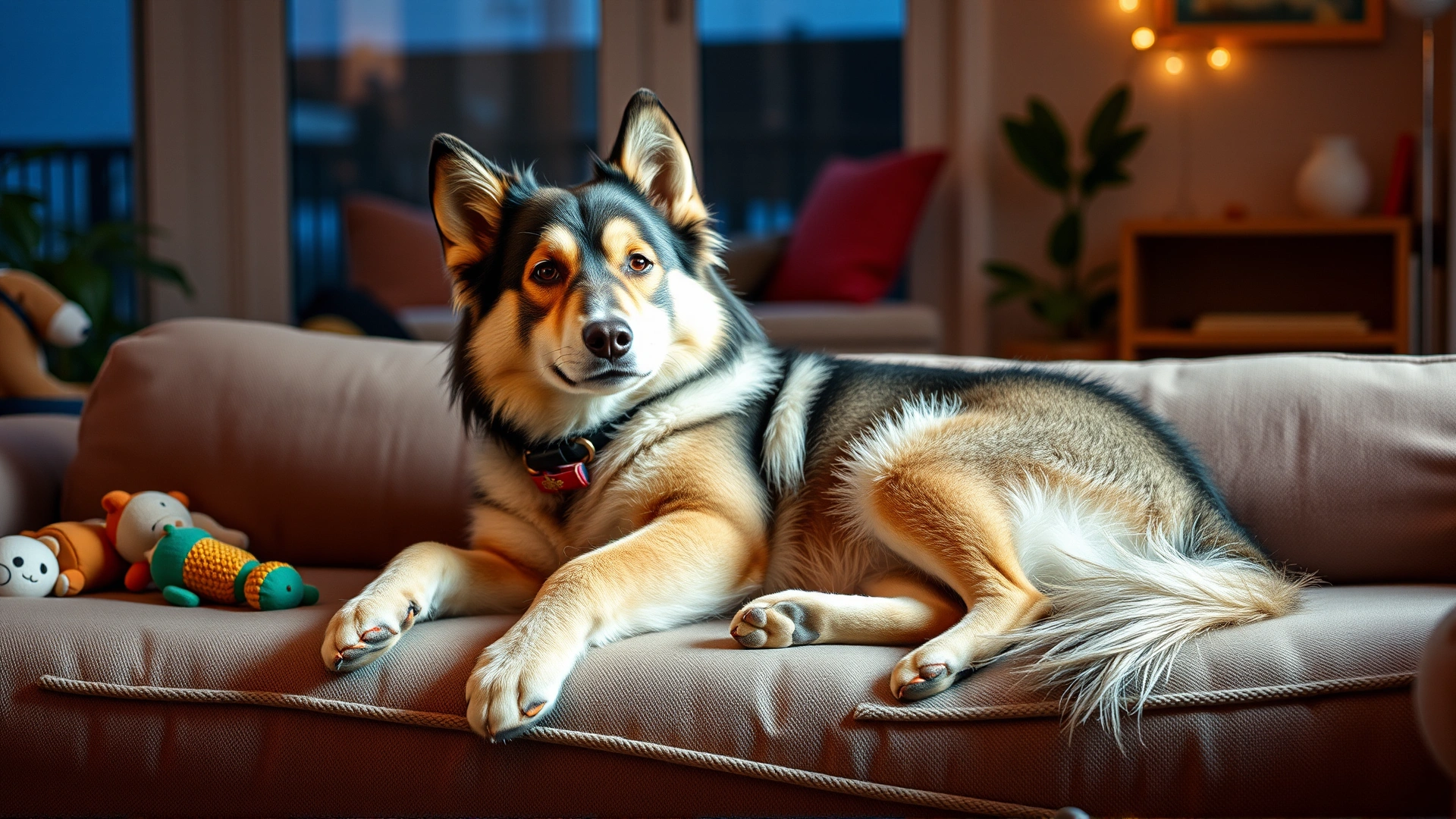 Norwegian Lundehund relaxing on a couch inside an apartment, toys scattered, cozy lighting