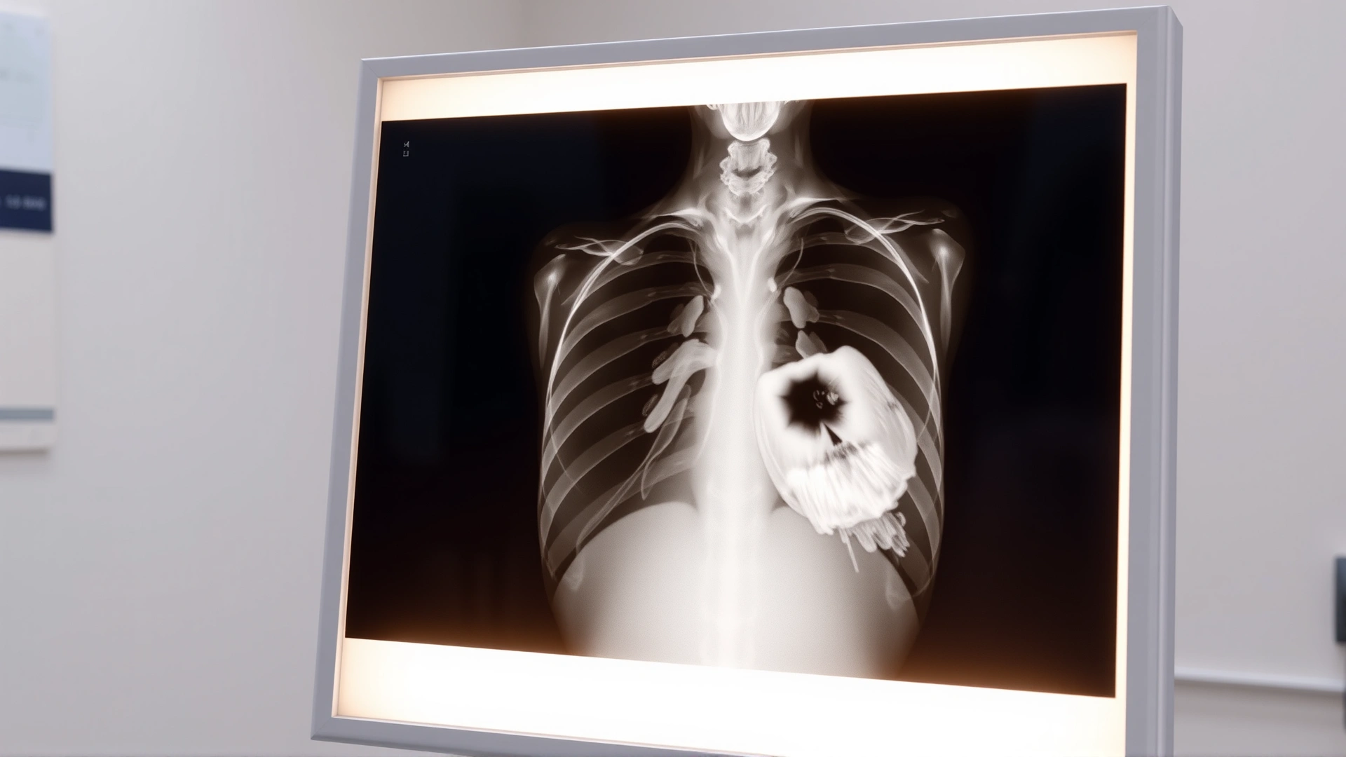 A clear feline chest X-ray image displayed on a lightbox, highlighting a visible mass in one lung; clinical setting.